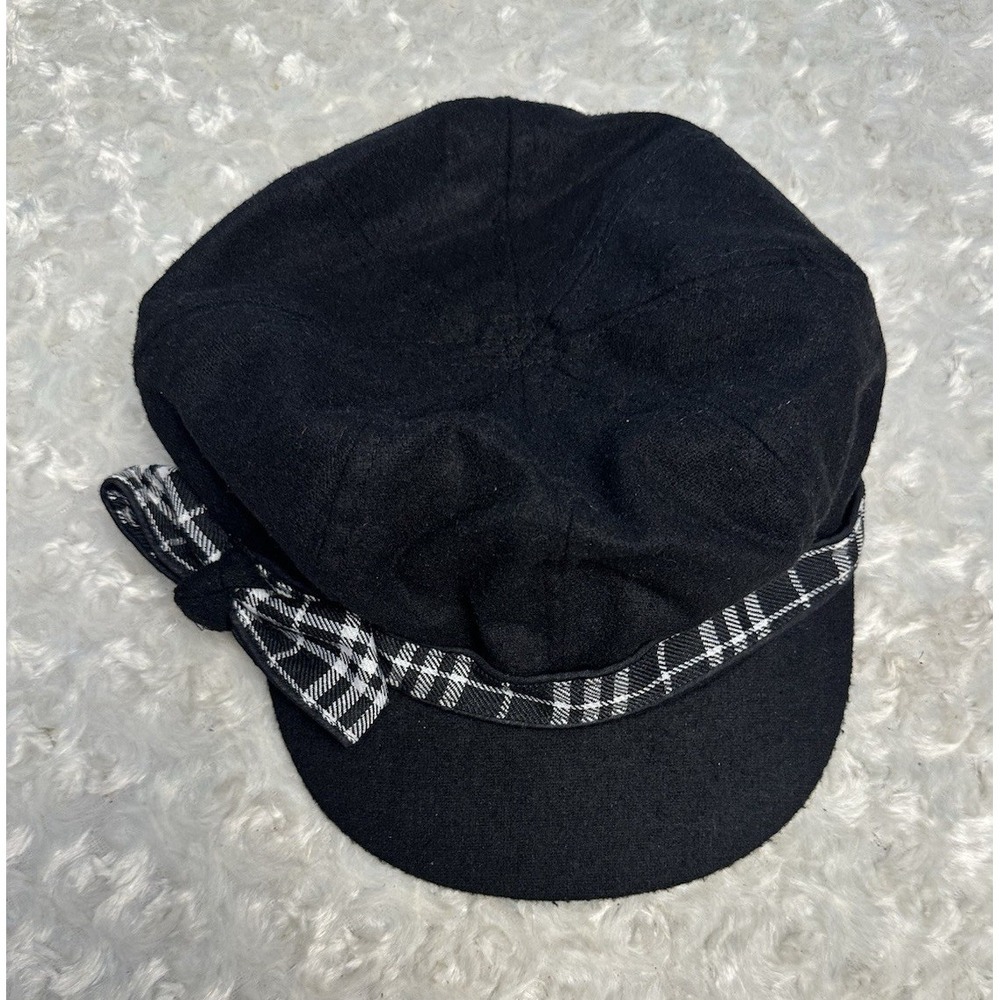 Women's Black Newsboy Cap, Black & White Plaid Band with Bow, One Size